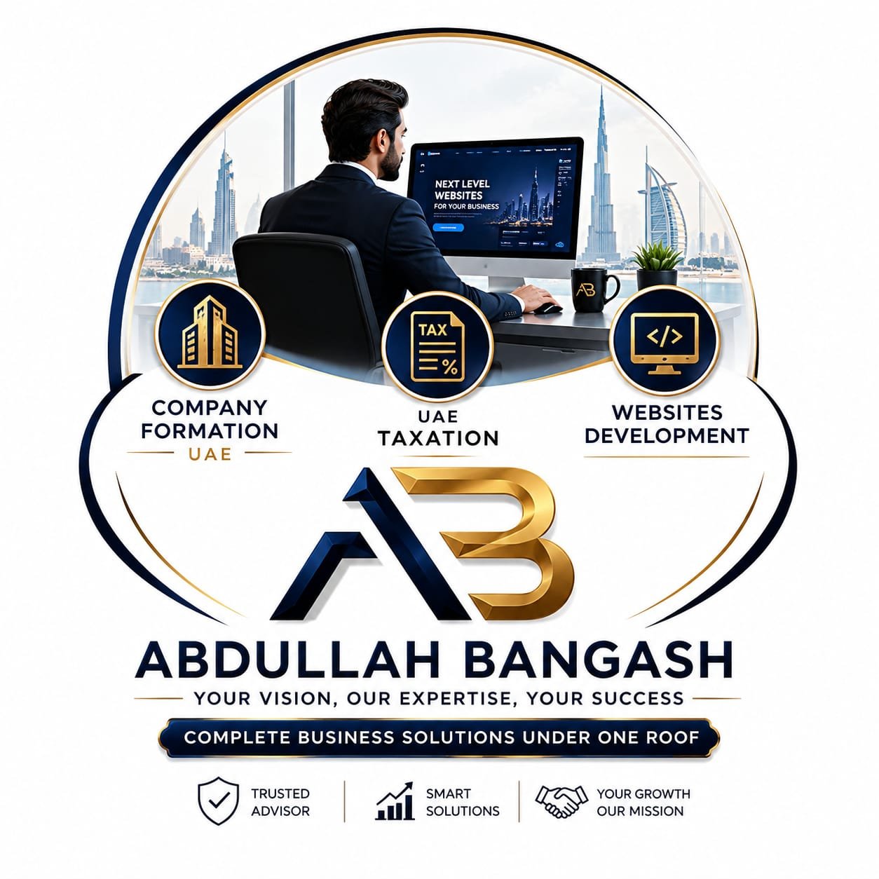 AB Business Solutions services badge: company formation, UAE taxation and website development